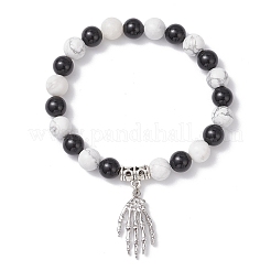 Halloween Messing Skelett Hand Charm Natur Howlith und schwarzer Onyx (gefärbt & erhitzt) runde Perlen Stretch Armbänder&nbsp;BJEW-TA00683