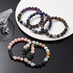 Bracelets extensibles en perles de roche de lave naturelle et mélange de pierres précieuses et d'alliages de rose&nbsp;BJEW-JB09401