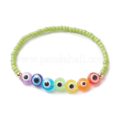 Semi di vetro e resina del malocchio e bracciali elasticizzati con perline in ottone per le donne&nbsp;BJEW-JB09271