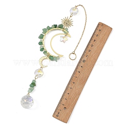Acchiappasole in avventurina verde naturale e perline di vetro a forma di stella con ciondolo sole e luna in ottone.&nbsp;HJEW-JM05016-04