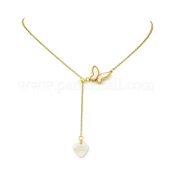 Verstellbare Lariat-Halskette aus Edelstahl 304 und natürlicher Muschel mit Schmetterlingsherzanhänger für Damen&nbsp;NJEW-JN06250