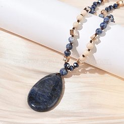 Colliers longs en perles de verre avec pendentif en forme de larme en sodalite naturelle&nbsp;GG-CBAE048-01B