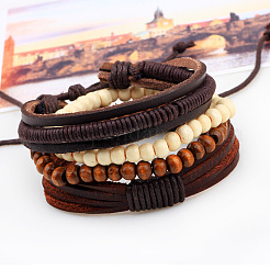 Einstellbar geflochtenes Lederband aus Holz Perlen Multi-Strang-Armbänder&nbsp;BJEW-P0001-15