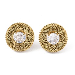 Pendientes de botón con cadena trenzada de disco y circonita cúbica pavé de acero inoxidable 304 para mujer&nbsp;EJEW-G390-06G-01