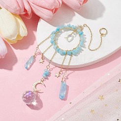Natürlich gefärbte Jade-Imitat-Aquamarin-Chip-Anhängerdekorationen mit Messingmond und Kabelkette sowie galvanisierter Quarzkristallquaste&nbsp;HJEW-JM01650-02