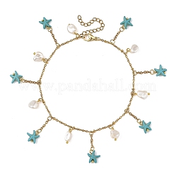 Cavigliere con nappe a forma di stella marina sintetica turchese tinta con coloranti oceanici e perle di conchiglia&nbsp;AJEW-AN00861