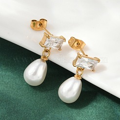 Boucles d'oreilles pendantes en forme de larme avec rectangle en acier inoxydable 304 et zircone cubique transparent&nbsp;EJEW-F366-01G-01