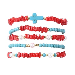 5 bracciale elastico in 5 stili con conchiglia d'acqua dolce naturale e turchese sintetico&nbsp;BJEW-JB12704