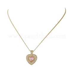 Collier pour femme avec pendentif cœur en laiton pavé de zirconiums roses et chaîne gourmette en laiton&nbsp;NJEW-JN06484-02