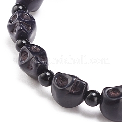 Pulsera elástica con cuentas de calavera de jade natural mashan y colgante cruzado de turquesa sintética (teñida)&nbsp;BJEW-JB08378-03