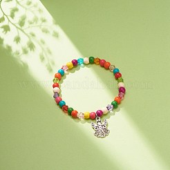 Bracciale elasticizzato con perline acriliche e turchese sintetico (tinto) con ciondolo in lega da donna&nbsp;BJEW-JB08627-04