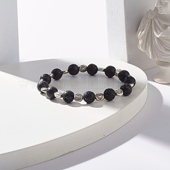 Bracelet extensible rond en pierre de lave naturelle et perles en alliage de cœur&nbsp;BJEW-JB07458