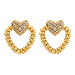 Aretes de circonita cúbica transparente con micropavé de latón en forma de corazón&nbsp;EJEW-R025-09G