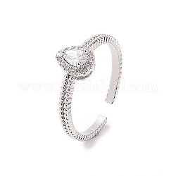 Clear Cubic Zirconia Teardrop Open Cuff Ring, Brass Jewelry for Women, Platinum, US Size 7 1/4(17.5mm)