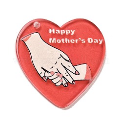 Pendenti in acrilico trasparente stampato per la festa della mamma, cuore con la mano, rosso, 38x36.5x2.5mm, Foro: 1.8 mm
