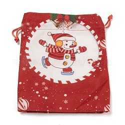 クリスマステーマの長方形の布バッグ、ジュートコード付き  巾着ポーチ  ギフト包装用  雪だるま  19x16x0.6cm