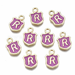 Alloy Enamel Charms, Cadmium Free & Lead Free, Shield with Initial Letters, Light Gold, Letter.R, 14x10x2mm, Hole: 2mm