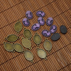 Nickel Free Antique Bronze Alloy Cabochon Connector Settings and 13x18mm Purple Resin Cameo Lady Head Portrait Cabochons Sets, Settings: 28x15x1.8mm, Tray: 13x18mm, Hole: 2mm