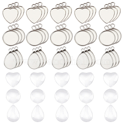 DICOSMETIC 60pcs 3 Styles Stainless Steel Flat Round Pendant Trays Treadrop Blank Pendants Heart Plain Edge Bezel Cups with Transparent Glass Cabochons for Jewelry Making