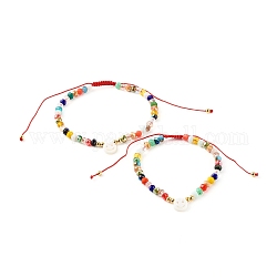 Bracelets de perles tressées en fil de nylon de verre électrolytique pour maman et fille, avec des perles de coquillage naturel, sourire, rouge, diamètre intérieur : 2.01~3.07 pouce (51~78 mm), 1.69~2.64 pouce (43~67 mm), 2 pièces / kit