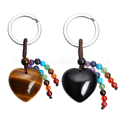 Chgcraft 2pcs 2 style porte-clés en pierres précieuses naturelles, avec porte-clés en alliage plaqué platine, cœur, 6 cm, 1pc / style
