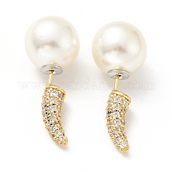 Corno di zirconi chiari con orecchini a bottone con perla acrilica davanti e dietro, gioielli in ottone per le donne,  cadmio& piombo libero, oro, 28mm, ago :0.7mm