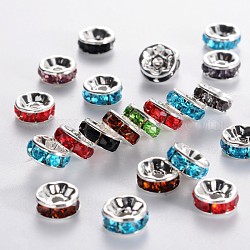 Brass Grade A Rhinestone Spacer Beads, Silver Color Plated, Nickel Free, Mixed Color, 8x3.8mm, Hole: 1.5mm