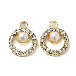 Alliage avec pendentifs en strass, avec abs imitation perle, breloques d'anneau, or, 18x14x6mm, Trou: 2mm