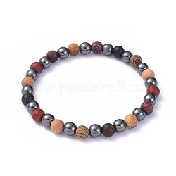 Stretch Bracelets, with Wood Beads and Non-Magnetic Synthetic Hematite Beads, Round, 2-1/4 inch(5.7cm), Beads: 6~6.5mm