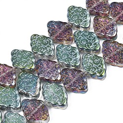 Abalorios de vidrio electroplate hebra, medio chapado, con patrón de nubes auspicioso chino, verde chapado, 11~12x15.5x4.5mm, agujero: 1 mm, aproximamente 53~55 pcs / cadena, 23.62 pulgada ~ 25.39 pulgadas (60~64.5 cm)