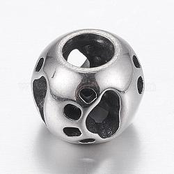 Perles européennes en 304 acier inoxydable, Perles avec un grand trou   , rondelle avec empreinte de chien, argent antique, 12x10mm, Trou: 5mm
