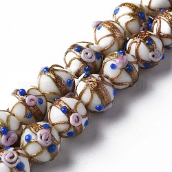 Handmade Gold Sand Lampwork Beads Strands, Round with Flower, White, 13~15x11~13mm, Hole: 1.6mm, about 45pcs/strand, 20.47 inch~21.06 inch(52cm~53.5cm)