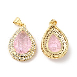 Real 16K Gold Plated Brass Micro Pave Cubic Zirconia Pendants, with Glass, Teardrop Charms, Pink, 23.5x16x7mm, Hole: 5x3.5mm