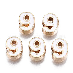 Alloy Enamel Beads, Number, Cadmium Free & Lead Free, Light Gold, White, Num.9, 10x7x3mm, Hole: 1.5mm