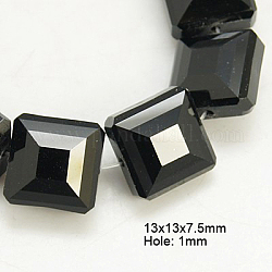 電気メッキガラスビーズ  パール光沢メッキ  多面カット  正方形  ブラック  13x13x7.5mm  穴：1mm