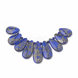Ligne d'or synthétique perles de brins de lapis-lazuli, teinte, pendentifs éventails gradués, perles focales, larme, 24~45x15~16x6~7mm, Trou: 1.5mm, 9 pièces / kit, 5.31 pouce