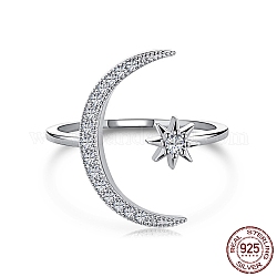 925 кольцо-манжета из серебра [925] пробы с родиевым покрытием, с фианитом для женщин, кольцо с луной и звездой, Реальная платина, 1 мм, размер США 7 (17.3 мм)