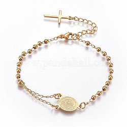 201 Stainless Steel Charm Bracelets, Religion Theme, Oval and Cross, Rosary Center Pieces, Golden, 6-3/4 inch(17~17.2cm), 2.8mm