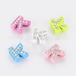 Rhinestone Slide Letter Charms, Alloy Letter Beads,  Letter K for DIY Bracelet Making, Mixed Color, about 10mm wide, 12mm long, 4.5mm thick, hole: 7x1mm