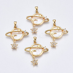 Brass Micro Pave Clear Cubic Zirconia Pendants, with White Sea Shell, Nickel Free, Planet with Star, Real 18K Gold Plated, 24x22x4.5mm, Hole: 2.5x4.5mm, Planet: 16x22x4.5mm, Star: 9x7x1.5mm