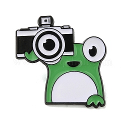 ライムグリーンの面白いカエル合金エナメルピンブローチ  バックパック服用  カメラ  29.5x28.5x1.5mm