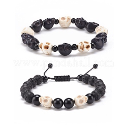 2 pièces 2 style roche de lave naturelle et crâne de pierres précieuses mélangées ensemble de bracelets de perles tressées, bracelets réglables halloween pour femmes, diamètre intérieur: 2-1/8~3-1/4 pouce (5.5~8.3 cm), 1pc / style