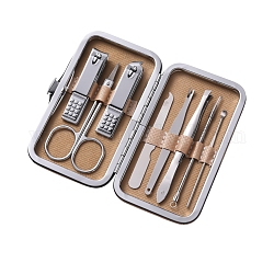 Stainless Steel Manicure Tools Sets, with Nail Clipper, Eyelash Thinning Shears, Nail File, Cuticle Pusher, Tweezers, Pedicure Knife, Acne Needle, EarPicks, Wheat, 108.5x67.5x19mm, 8pcs/set