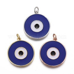 Colgantes de esmalte de latón, con anillos de salto, Plateado de larga duración, plano redondo con mal de ojo azul medianoche, color mezclado, 22.5x20x2~2.5mm, agujero: 3 mm