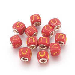 Handmade Lampwork European Beads, Large Hole Beads, with Silver Plated Brass Core, Cube, with Letter U, Cube, Red, about 11mm wide, 12mm long, hole: 5mm