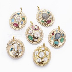 Brass Big Pendants, with Natural Cultured Freshwater Pearl and Gemstone Beads, Oval, Golden, 53x42x8~16mm, Hole: 5x7mm