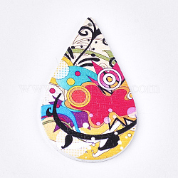 Printed Wooden Big Pendants, Dyed, teardrop, Colorful, 59x36x2.5mm, Hole: 1.5mm
