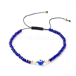 Bracelets de perles de nylon tressés réglables, perles de verre à facettes rondelles, perle ronde au chalumeau fait à la main, bleu, diamètre intérieur: 2-1/2 pouce (6.4~11.7 cm)