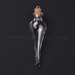Bottiglia di sughero di vetro a goccia pendenti grandi, fascino della bottiglia dei desideri vuota di vetro, con passanti in ferro tono platino, chiaro, 7.4cm, Foro: 2.5 mm