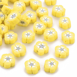 Handmade Polymer Clay Beads, Flower, Yellow, 9~10x9~10x4~5mm, Hole: 1.2mm